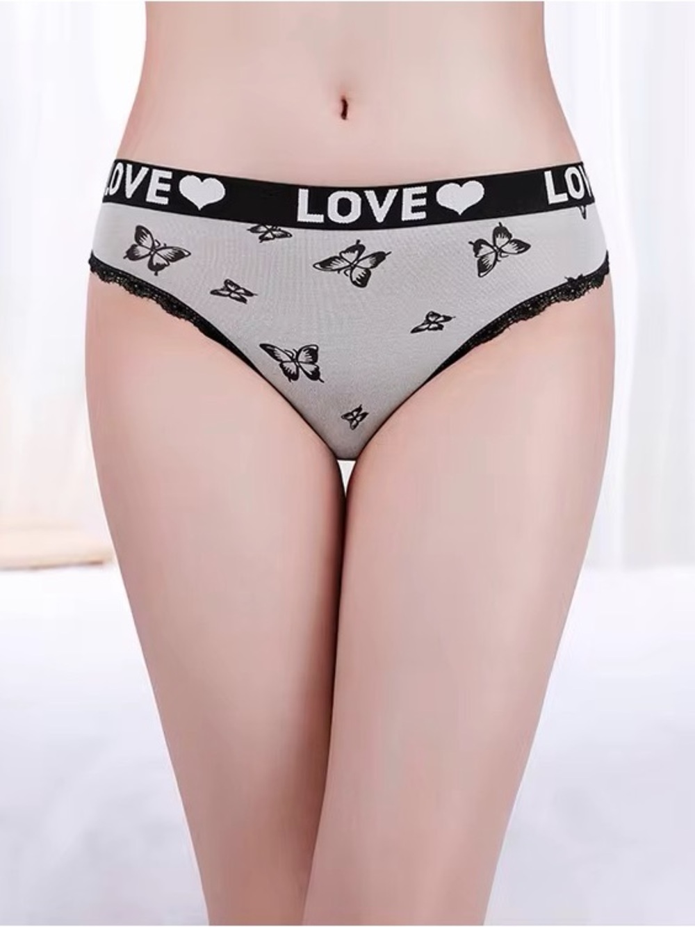 Love Heartband Butterfly Lace-Trim Hipster Panty in Light Gray and Black